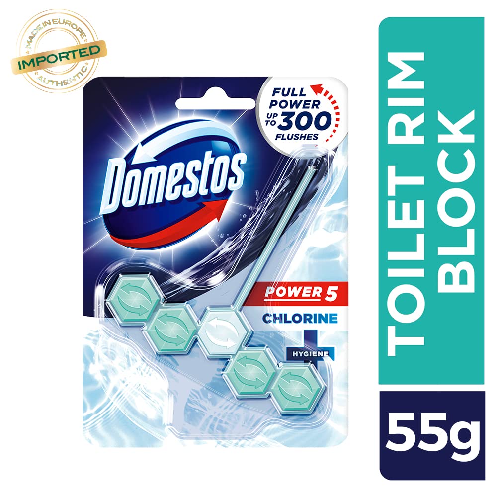 Domestos Power 5 Toilet Rim Block, Chlorine, Limescale Removal with Long Lasting Fragrance, Provides Hygiene & Shine, 55 gm