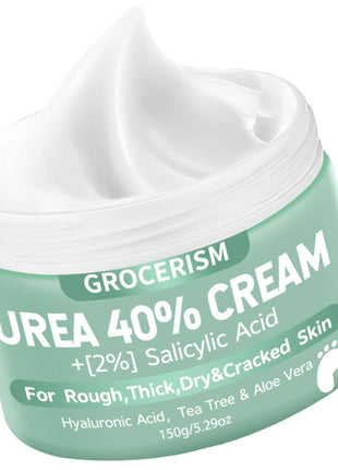 Grocerism Urea Cream 40 Percent for Feet with 2% Salicylic Acid 5.29 oz || Foot Cream and Hand Cream Maximum Strength for Dry, Rough, Callused Skin, Exfoliating Moisturizer for Heels, Elbows and Knees