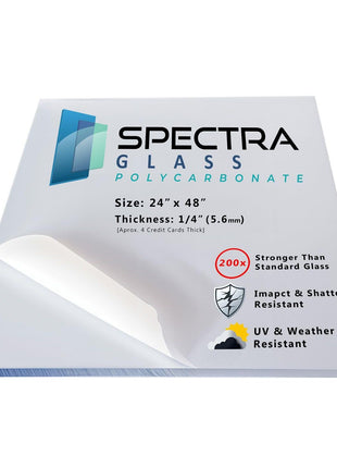 Spectra Glass Clear Polycarbonate Plastic Sheet. Stronger Than Plexiglass Sheets. UV, Impact, Weather Resistant. Sizes Nominal Cut Within +-1/8 inch. Made in USA. 24 inch x 48 inch (1/4 inch Thick)