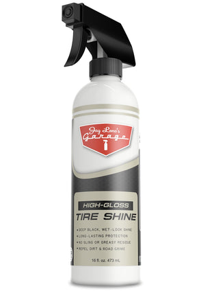 Jay Leno's Garage Tire Shine Delivers long-lasting High Gloss with a Deep Black Wet Look Glow. This Tire Dressing Spray and Car Tire Shine Work as Auto Detailing Care for Wheels and Tires – 16 oz.