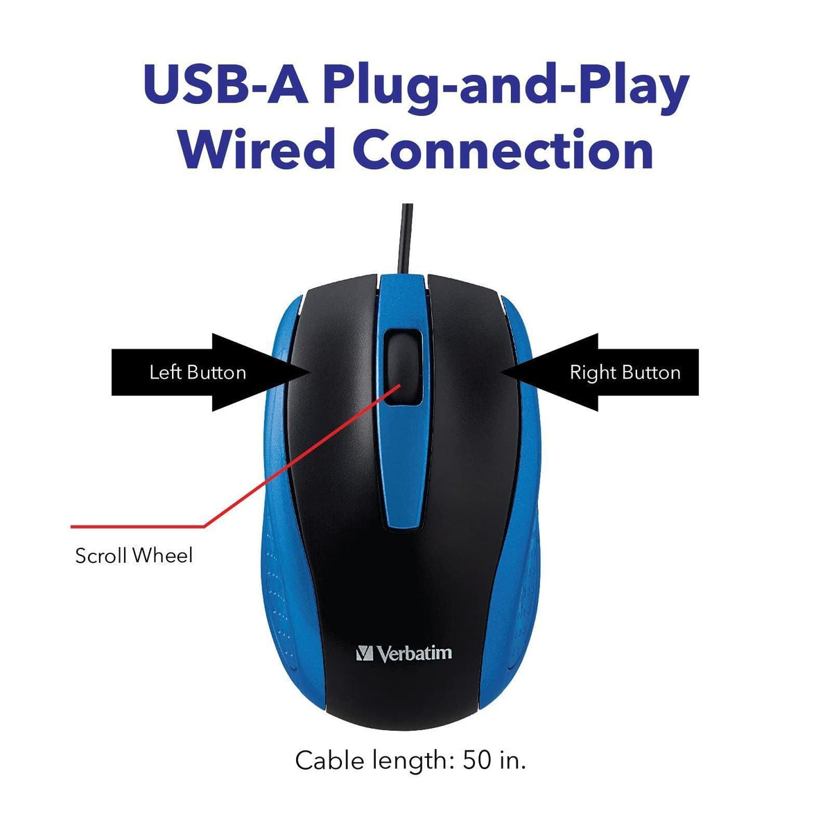 Verbatim Wired USB Computer Mouse - Corded USB Mouse for Laptops and PCs - Right or Left Hand Use, Blue 99743, 1.4" x 2.4" x 3.9"
