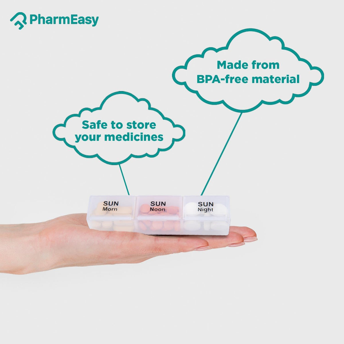 PharmEasy 7 Day Weekly Pill Box, Durable Medicine Organizer Box with Extra Large Compartments and BPA Free Material for Moisture Free Storage, Portable and Travel Friendly - Clear Box