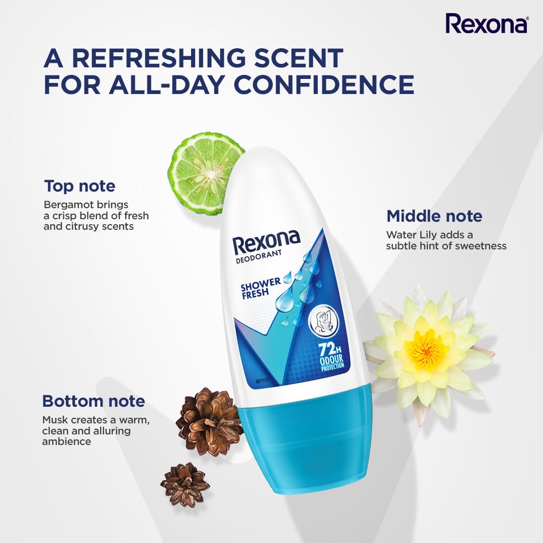 Rexona Shower Fresh Underarm Roll On Deodorant For Women, Antiperspirant, Removes Odour, Keeps Skin Fresh & Clean, Alcohol Free, Skin Friendly, 50 Ml