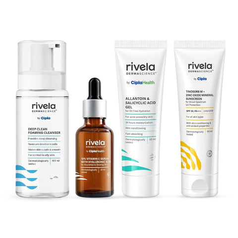 Rivela Dermascience Dry and Dull Skin Routine | Foaming Cleanser (100ml), 10% Vitamin C Serum (10ml), Allantoin Acid Gel (50ml) & Tinosorb Zinc Oxide Sunscreen (50ml) | 4 Items in Set