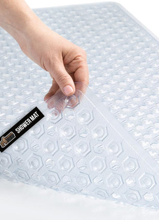 GORILLA GRIP Patented Bath Tub Shower Mat, Machine Washable Bathtub Floor Liner Mats, Suction Cups and Drain Holes to Keep Tubs Clean, Soft on Feet, Bathroom Essentials, 35x16 Inch, Clear