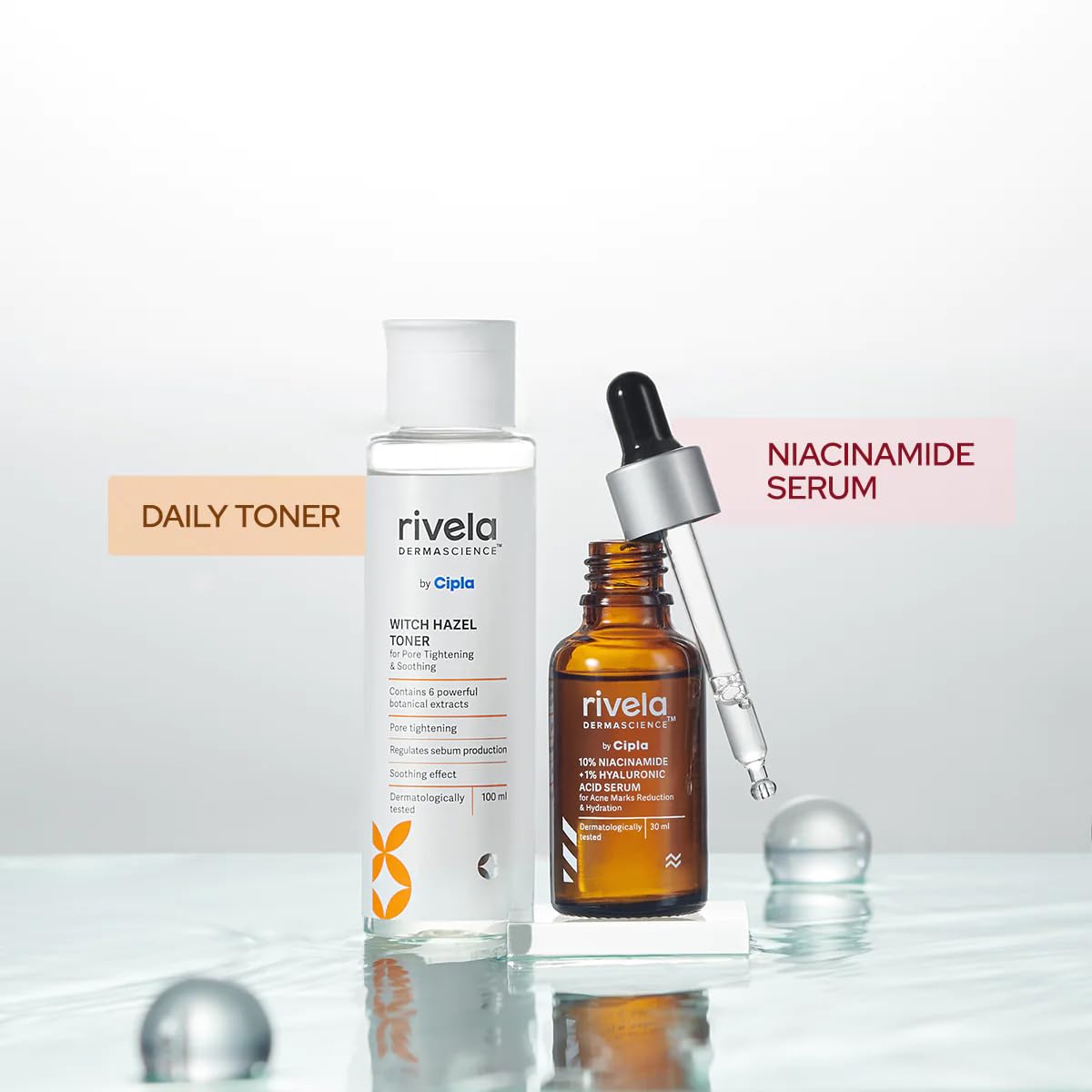 Rivela Dermascience Pore Tightening Duo | 10% Niacinamide + 1% Hyaluronic Acid Serum (30ml) & Witch Hazel Toner (100ml) | 2 Item in Set