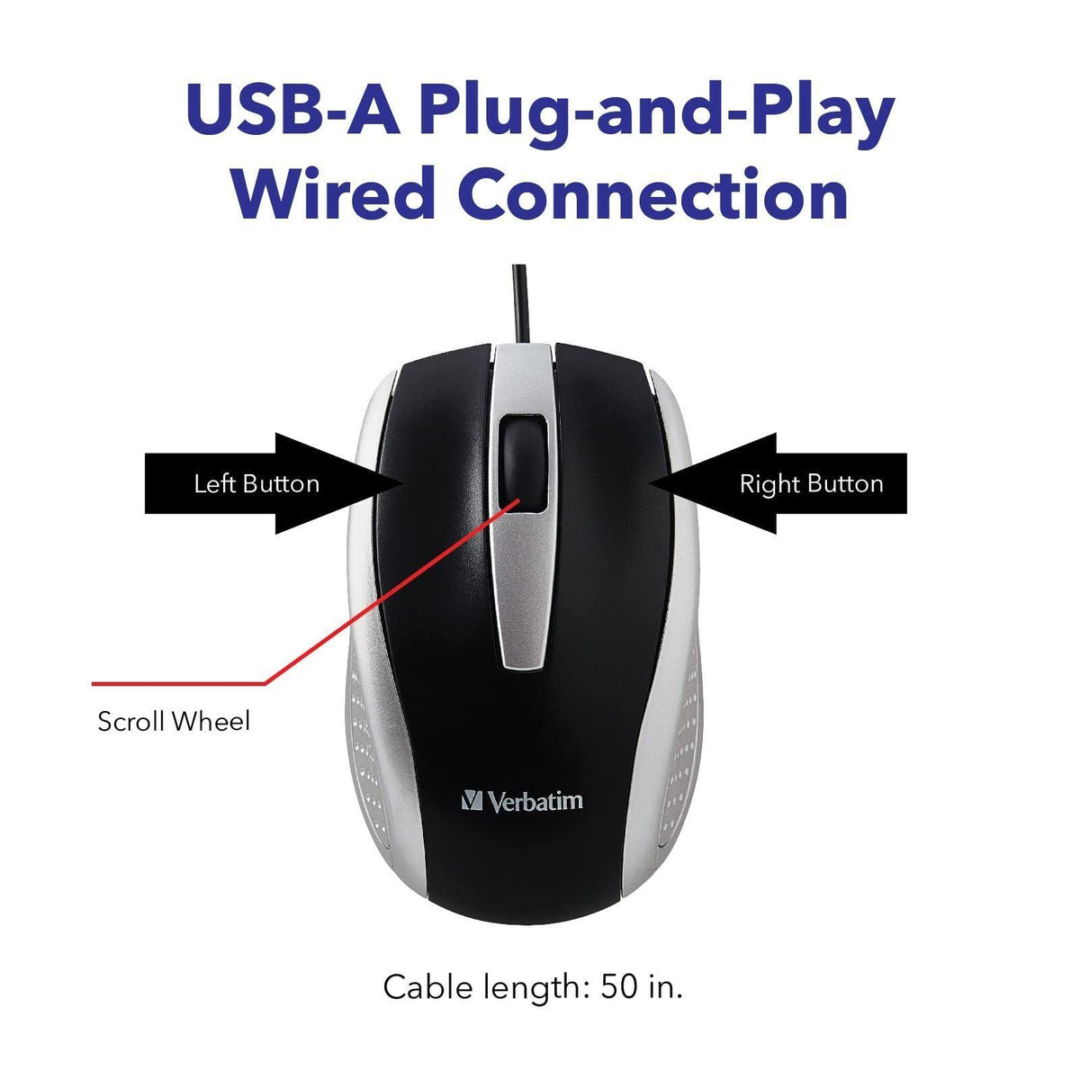 Verbatim Wired USB Computer Mouse - Corded USB Mouse for Laptops and PCs - Right or Left Hand Use, Silver 99741 1.4" x 2.4" x 3.9"
