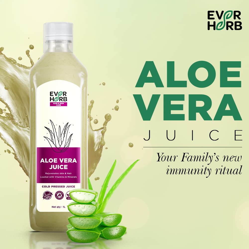 Everherb (by PharmEasy) Aloe Vera Juice - 1L | All Natural Tonic for Glowing Skin and Healthy Hair | 100% Natural Ayurvedic Organic Detoxifer for Boosting Immunity, Skin Care and Hair Care - 1000 ml