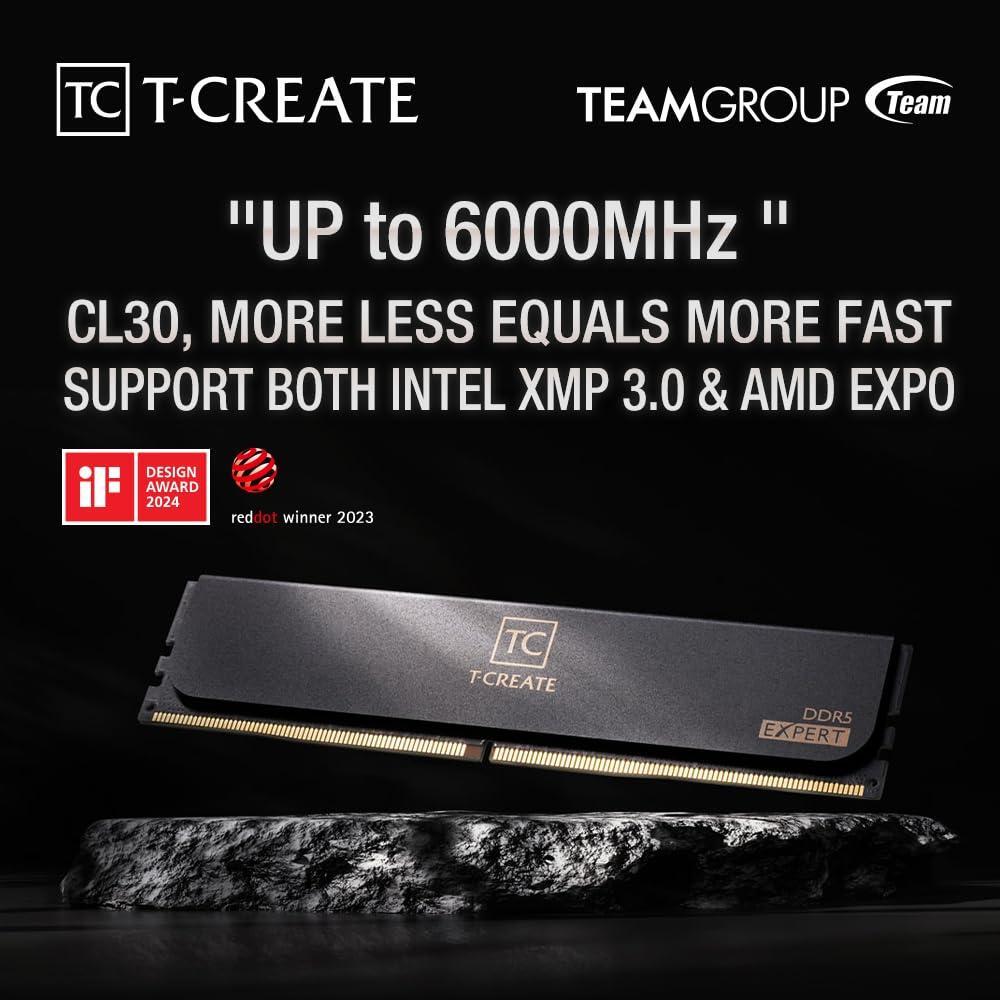 TEAMGROUP T-Create Expert CL30 Overclocking 10L DDR5 32GB Kit (2 x 16GB) 6000MHz (PC5-48000) Intel XMP 3.0 & AMD Expo Compatible Desktop Memory Module Ram Black - CTCED532G6000HC30DC01