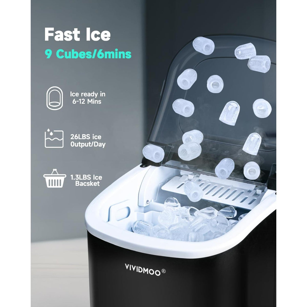 VIVIDMOO Countertop Ice Maker with Handle,26lbs/24H Bullet Ice Machine, 9 Ice Cubes Ready in 6 Mins,Self-Cleaning Sonic Ice Maker with Basket & Scoop,for Home/Office/Kitchen/RV/Party
