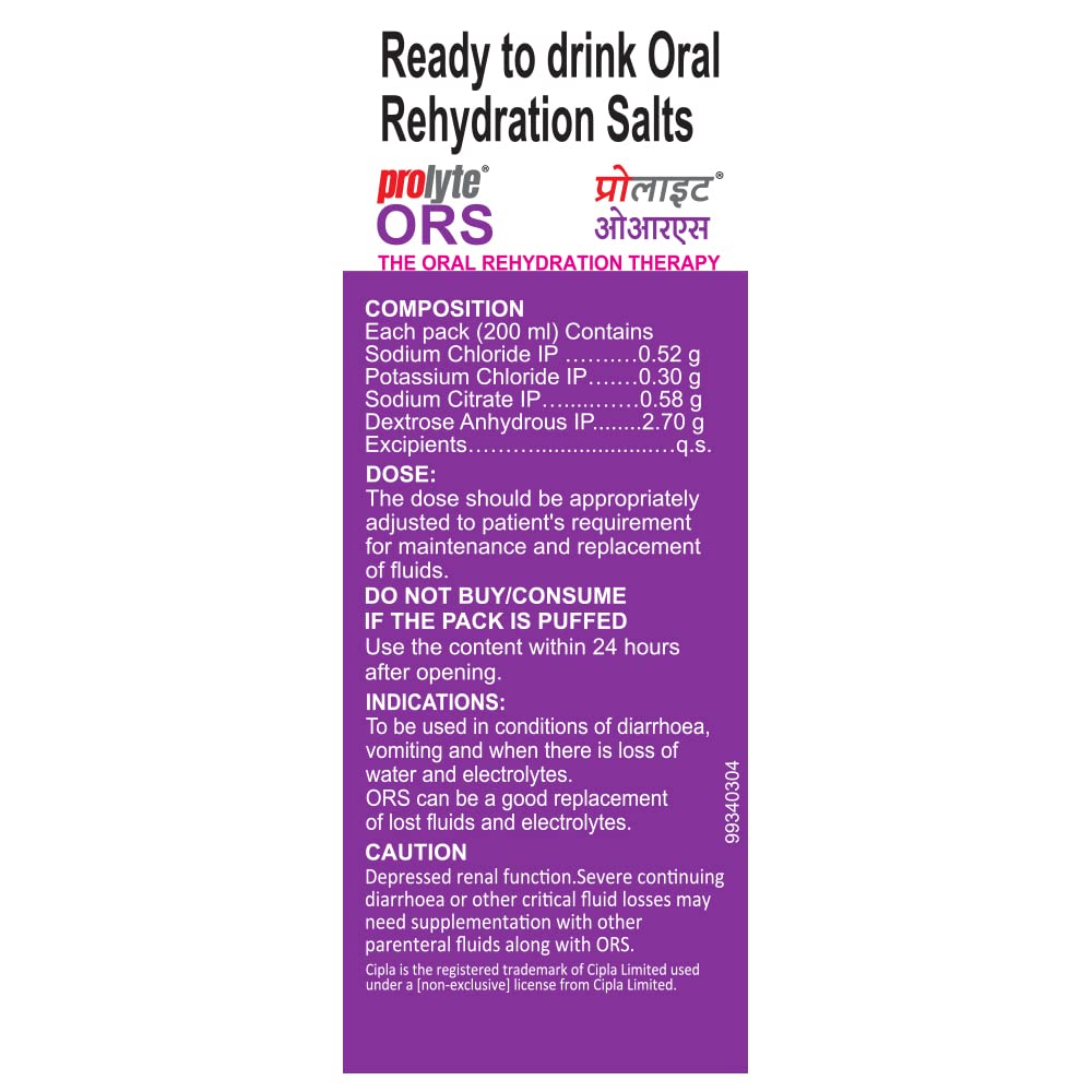 Cipla Prolyte ORS Ready to Drink Oral Rehydration Contains Vital Electrolytes | Restores Body Fluids & Electrolytes Lost Due to Sweating, Diarrhea & Vomiting | WHO Formula (Black Currant, Pack of 10)