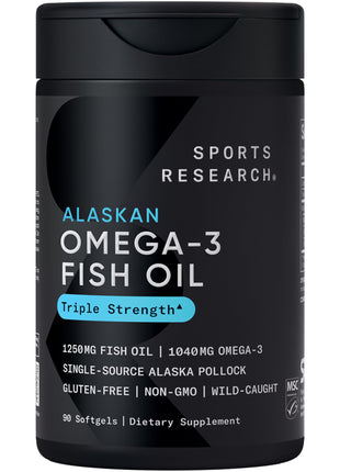 Sports Research Triple Strength Omega 3 Fish Oil   Burpless Fish Oil Supplement w/EPA & DHA Fatty Acids from Single Source Wild Alaskan Pollock   1250 mg, 90 ct