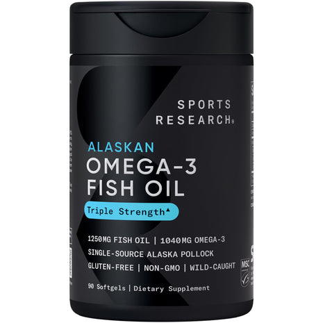 Sports Research Triple Strength Omega 3 Fish Oil   Burpless Fish Oil Supplement w/EPA & DHA Fatty Acids from Single Source Wild Alaskan Pollock   1250 mg, 90 ct