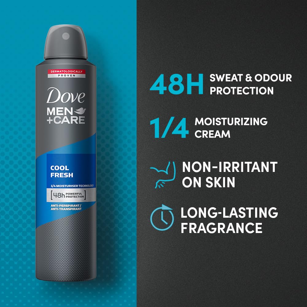 Dove Men+Care Cool Fresh Dry Spray Antiperspirant Deodorant, Up To 48 hrs Protection From Sweat & Odour, Instantly Dry for Cleaner Feel, Dermatologically Proven Formula, Soothes & Moisturises Skin, Clean, Refreshing Scent, 250ml (Pack of 2)