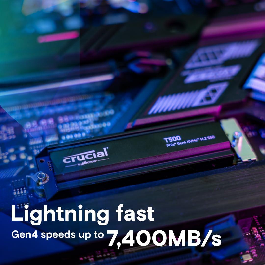 Crucial T500 1TB Gen4 NVMe M.2 Internal Gaming SSD with Heatsink, Up to 7300MB/s, PlayStation 5 Compatible + 1mo Adobe CC All Apps- CT1000T500SSD5