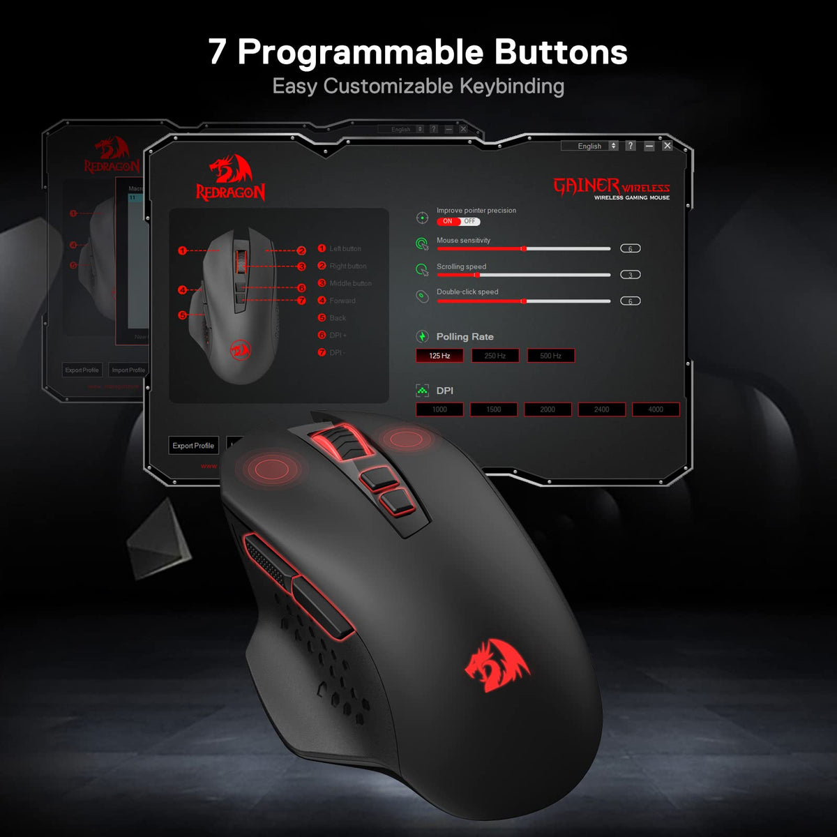 Redragon M656 Gainer Wireless Gaming Mouse, 4000 DPI 2.4Ghz Wireless Mouse w/ 5 DPI Levels, 7 Macro Buttons, Red LED Backlit & Pro Software/Drive Supported, for PC/Mac/Laptop