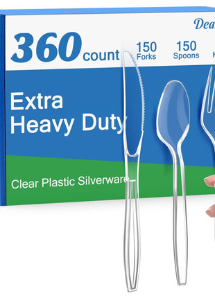 Dealusy 360 Count Extra Heavy Duty Clear Plastic Silverware, 150 Forks, 150 Spoons, 60 Knives, BPA-Free, Heat Resistant, Disposable Plastic Utensils Set, Plastic Cutlery Set, Plasticware Bulk