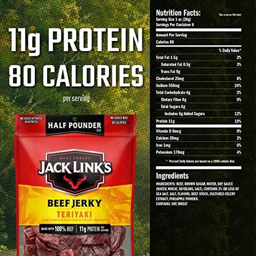 Jack Link's Beef Jerky, Teriyaki, Half Pounder Large Jerky Bag - Flavorful Meat Snack, Ready to Eat Protein Snacks with 11g of Protein per Serving, Made with 100% Beef