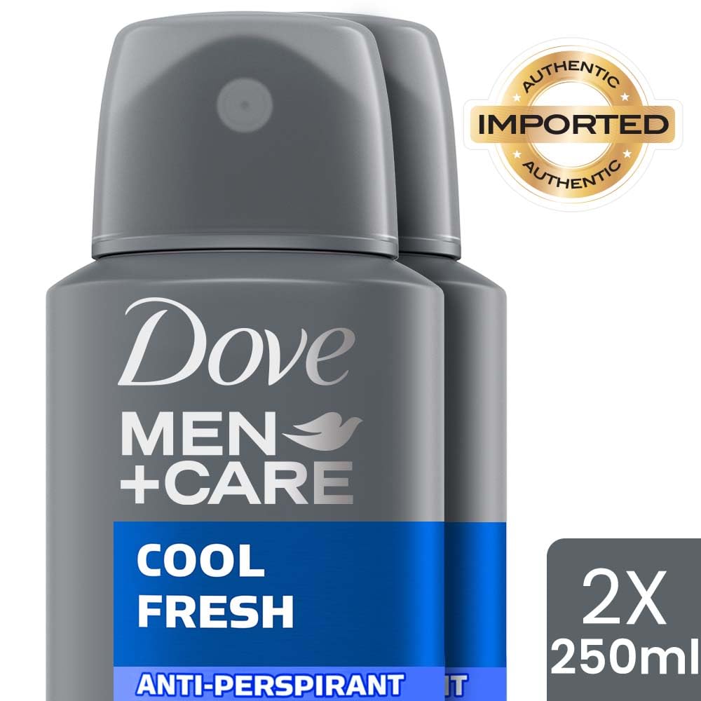 Dove Men+Care Cool Fresh Dry Spray Antiperspirant Deodorant, Up To 48 hrs Protection From Sweat & Odour, Instantly Dry for Cleaner Feel, Dermatologically Proven Formula, Soothes & Moisturises Skin, Clean, Refreshing Scent, 250ml (Pack of 2)