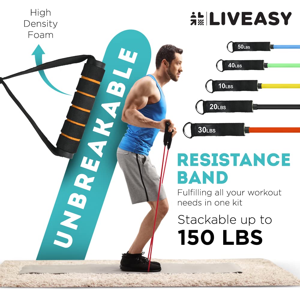 LivEasy Essentials Unbreakable 100% Natural Latex Rubber Resistance Bands for Workout - Men & Women (Set of 12)