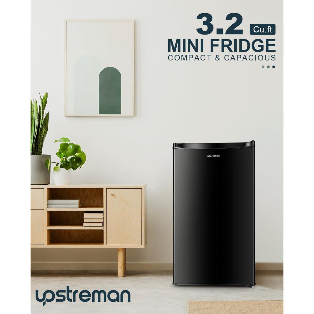 Upstreman 3.2 Cu.Ft Mini Fridge with Freezer, Single Door Mini Fridge, Dorm Fridge, Adjustable Thermostat, Mini Refrigerator for Bedroom, Office, Dorm, Black-BR321