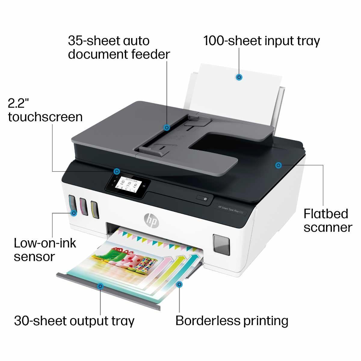 HP Smart -Tank Plus 651 Wireless All-in-One Ink -Tank Printer, up to 2 Years of Ink in Bottles, Auto Document Feeder, Mobile Print, Scan, Copy,, Fax, Works with Alexa (7XV38A)