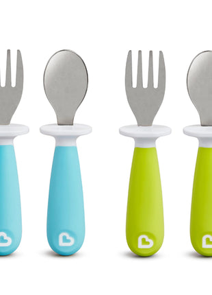 Munchkin® RaiseTM Toddler Fork and Spoon Utensil Set, Rest Keeps Tip Off Table, BPA Free, 4 Pack, Blue/Green