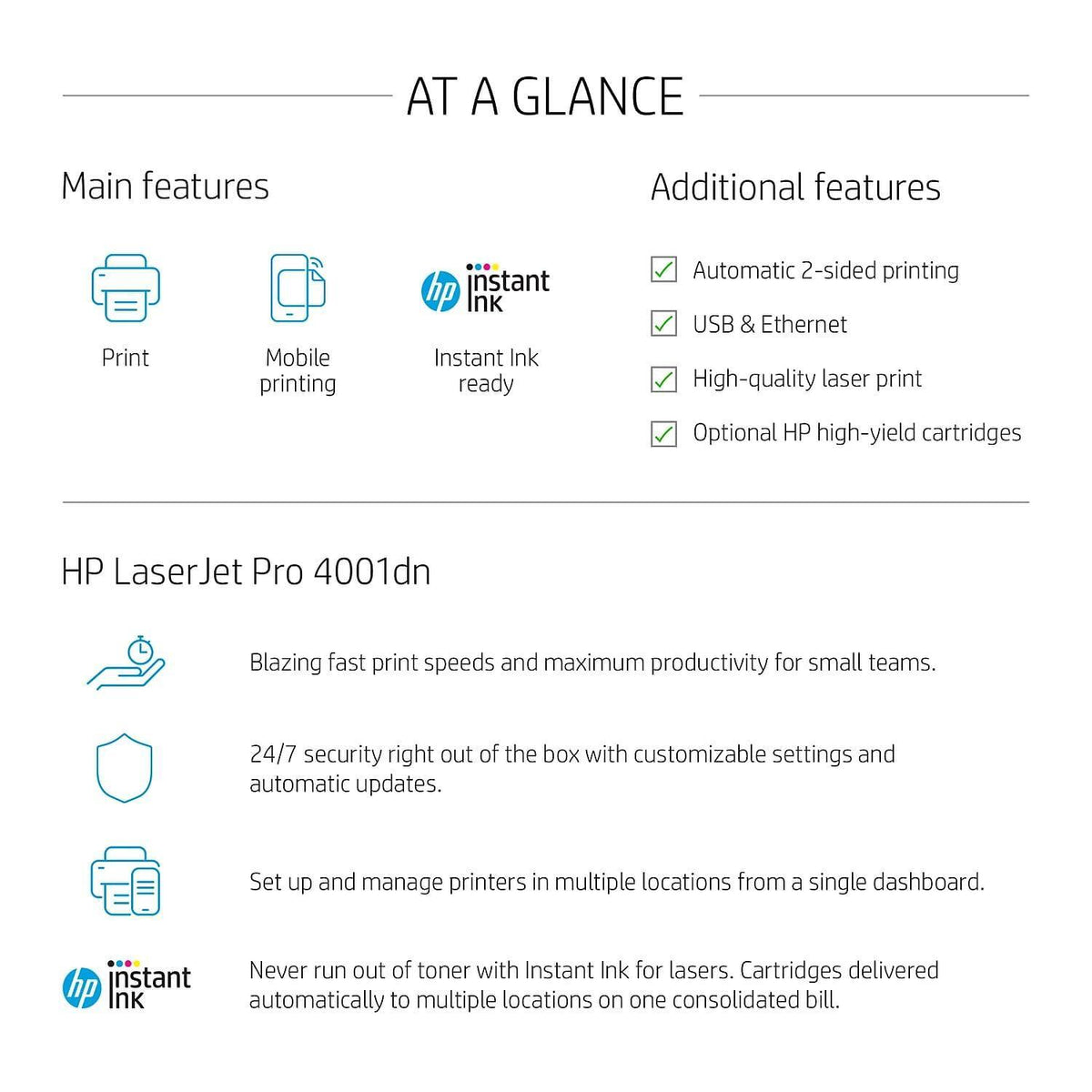 HP LaserJet Pro 4001dn Black & White Printer, Print, Fast speeds, Easy setup, Mobile printing, Advanced security, Best-for-small teams, Ethernet/USB only