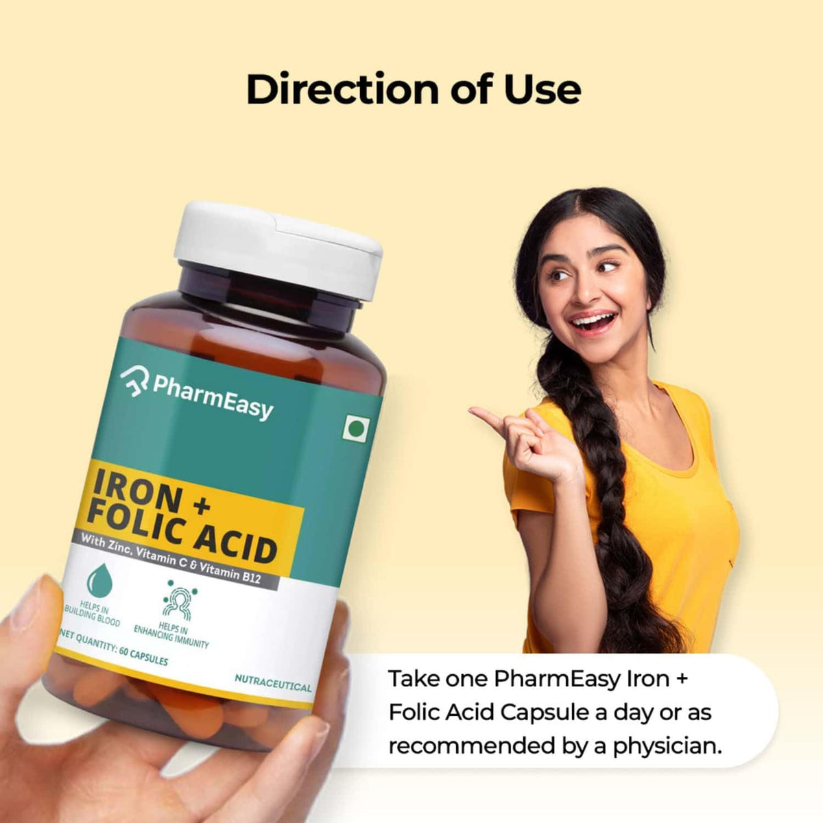 PHARMEASY IRON+FOLIC ACID WITH ZINC, VITAMIN C &B12 - MAINTAINS OVERALL HEALTH - BOTTLE OF 60