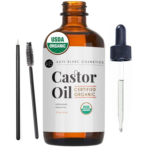 Kate Blanc Cosmetics Castor Oil Organic for Hair, Lashes, Face (2oz), 100% Pure, Cold Pressed, Hexane Free. Eyelash Serum for Thicker-Looking Eyelashes & Eyebrows