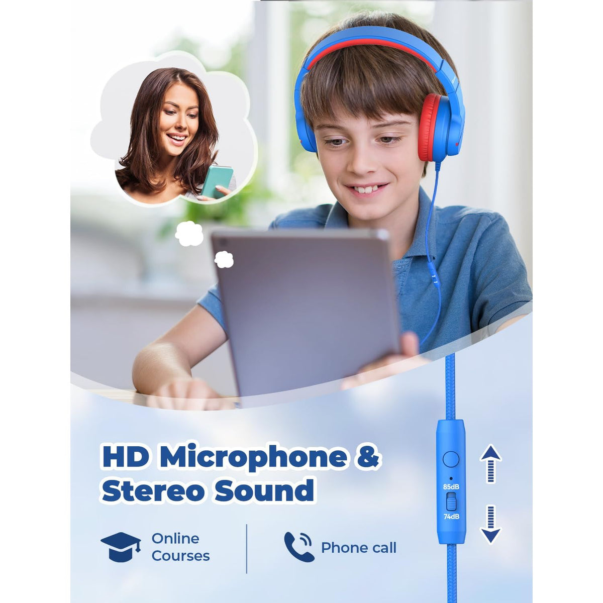 iClever Kids Headphones for School Travel, Safe Volume Limited, HD Mic Stereo Sound Over-Ear Girls Boys Headphones for Kid, FunShare Foldable 3.5mm Wired for iPad Computer, HS19