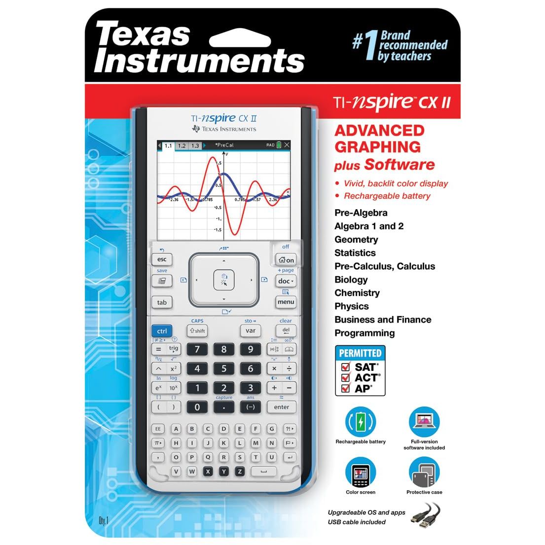 Texas Instruments TI-Nspire CX II Color Graphing Calculator with Student Software (PC/Mac) White 3.54 x 7.48