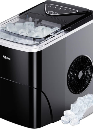 Silonn Ice Maker Countertop, 9 Cubes Ready in 6 Mins, 26lbs in 24Hrs, Self-Cleaning Ice Machine with Ice Scoop and Basket, 2 Sizes of Bullet Ice for Home Kitchen Office Bar Party