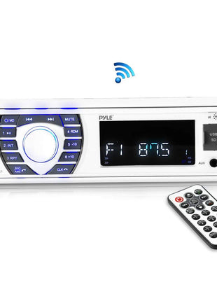 Pyle Bluetooth Marine Receiver Stereo - 12v Single DIN Style Boat In dash Radio Receiver System with Digital LCD, RCA, MP3, USB, SD, AM FM Radio - Remote Control, Wiring Harness - PLRMR23BTW (White)