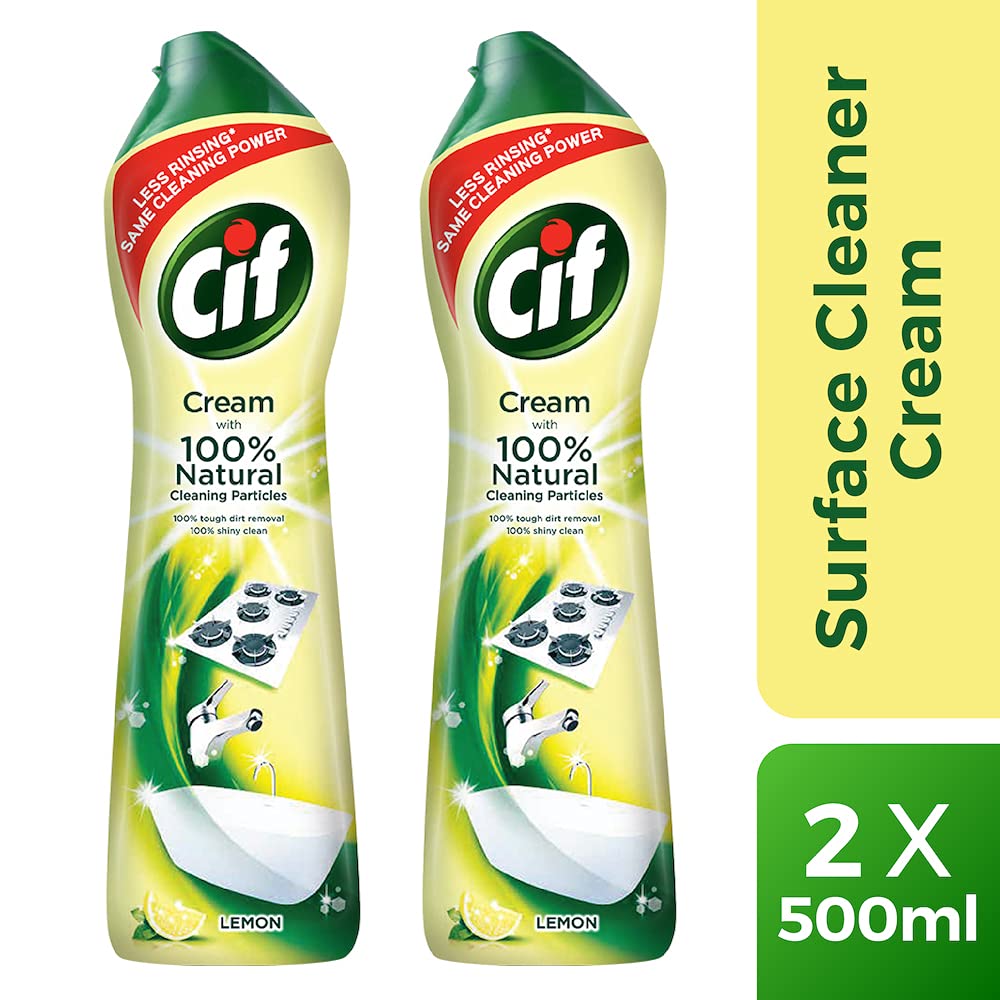 Cif Lemon Abrasive Surface Cleaner Cream for Kitchen & Bathroom, Removes Grease, Dirt & Tough Stains with Natural Cleaning Particles, 2x500ml