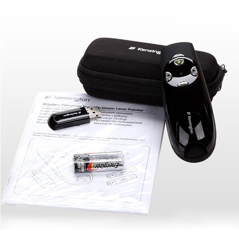 Kensington Wireless Presenter Pro with Green Laser, Class 2, 150 Ft Range, Black