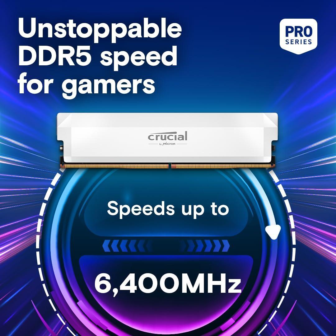 Crucial Pro 32GB DDR5 RAM Kit (2x16GB), CL36 6000MHz, Overclocking Desktop Gaming Memory, Intel XMP 3.0 & AMD Expo Compatible, White - CP2K16G60C36U5W