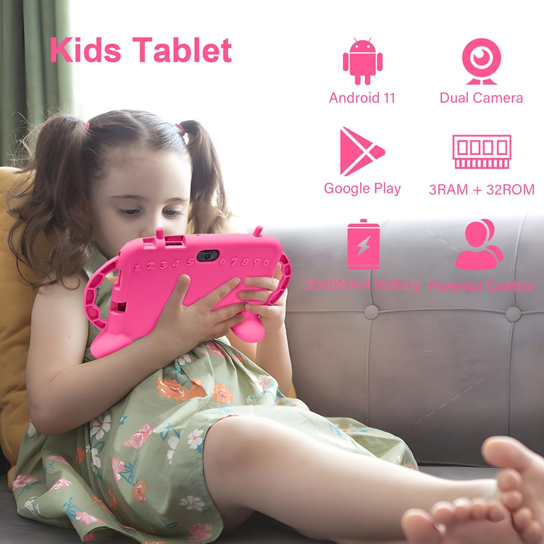 MengDash Kids Tablet, 7 inch Tablet for Kids 2-10, Educational Learning Toddler Tablet Android 11, 3GB RAM+32GB ROM Storage, Google Play YouTube, Baby Girl boy Present (Red)