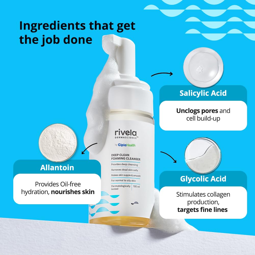 Rivela Dermascience Deep Clean Foaming Facial Cleanser By Cipla | Removes Dead Skin Cells | Makes Skin Supple and Smooth | For Normal to Oily Skin | 100 ml