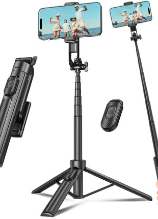 Selfie Stick Travel Tripod for Cell Phone with Remote Control and Phone Holder, Extendable Selfie Stick for iPhone, iPhone Tripod for Video Recording, 50 Inch, Black