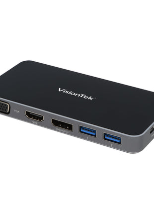 VisionTek VT200 Portable USB-C Dual Monitor Hub - 1x DP, 1x HDMI, 1x VGA, 2X USB-A Ports, 1x USB-C for Windows/MacOS/ChromeOS/iOS