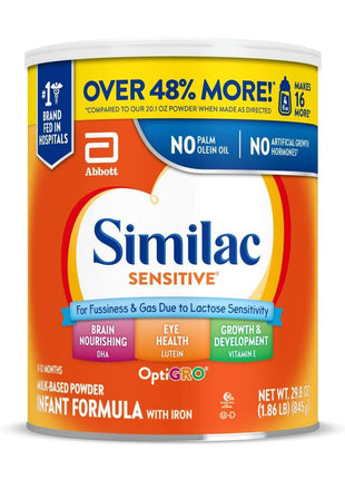 Similac Sensitive Baby Formula Powder for Lactose Sensitivity | Easy-to-digest infant formula for babies with fussiness and gas due to lactose sensitivity, in 29.8 oz value-size can