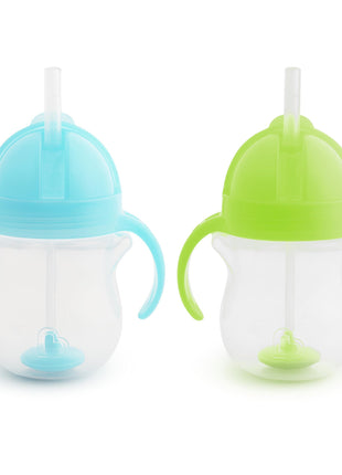 Munchkin Any Angle Sippy Cups for Toddlers, Spill Proof Weighted Straw Cup with Transition Handles for Babies 6 Months and Up, 2 Pack, Blue/Green