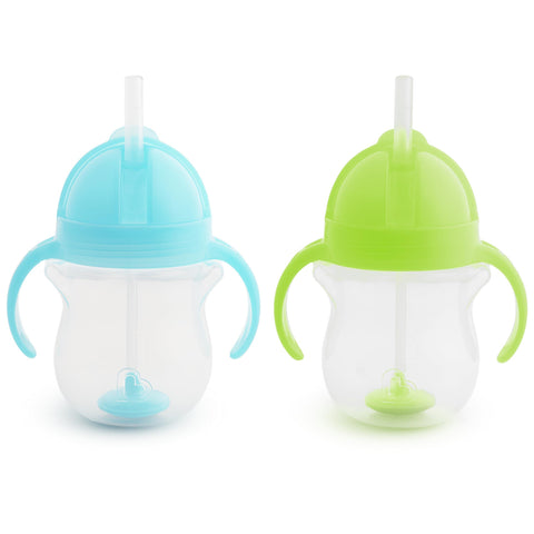 Munchkin Any Angle Sippy Cups for Toddlers, Spill Proof Weighted Straw Cup with Transition Handles for Babies 6 Months and Up, 2 Pack, Blue/Green
