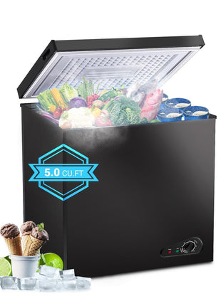 Compact Chest Freezer, 5.0 Cu Ft Deep Freezer with Removable Storage Basket, Mini Freezer with 7 Temperature Levels Thermostat, Black Top Open Door Freezer Ideal for Home, Kitchen & Office