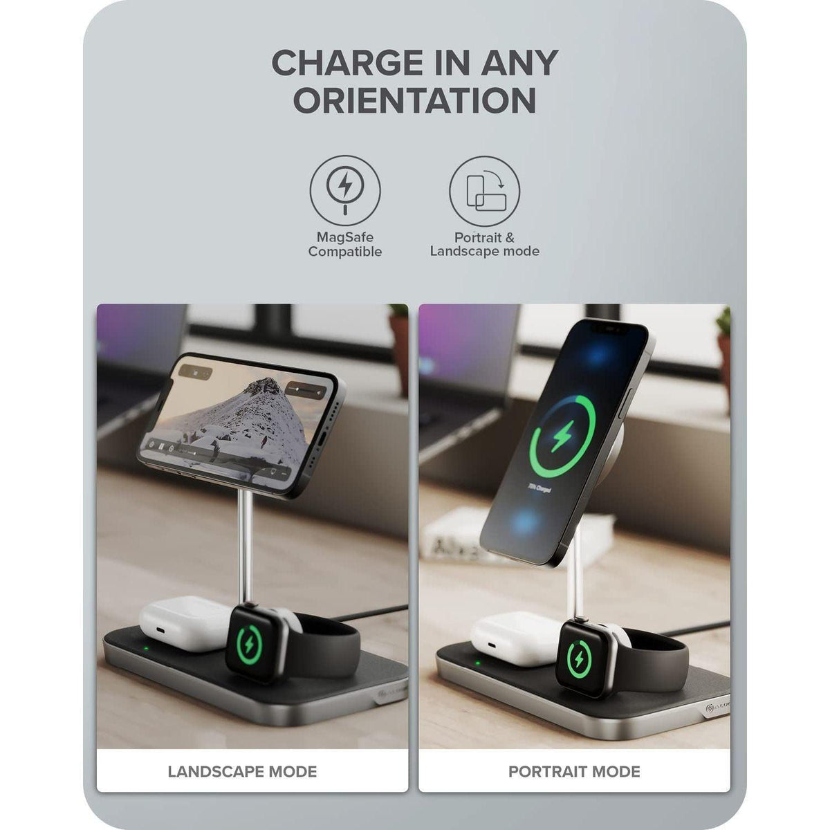 ALOGIC MagSpeed 3-in-1 Wireless Charging Station, MagSafe Compatible for iPhone 15/14/13/12 Series, Wireless Charging Enabled AirPods Case & All Apple Watch Models, LED Indicator, Certified Safe.