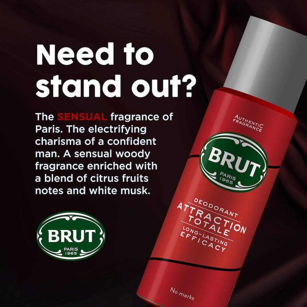 Brut Attraction Totale Deodorant Body Spray for Men, Masculine Long-Lasting Deo with Woody Fragrance, Imported (200ml)