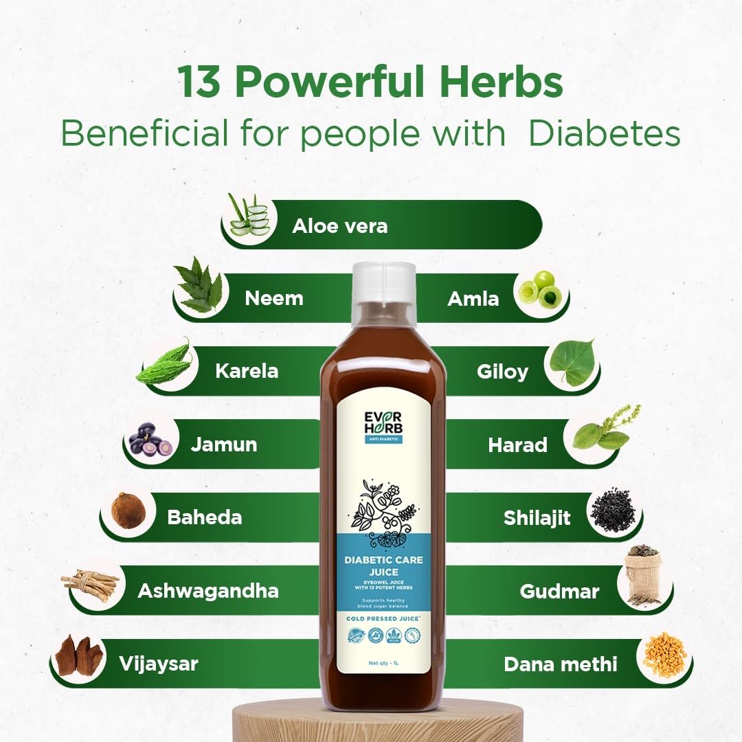 Everherb (by PharmEasy) Diabetic care Juice - 1L | Helps control Blood Sugar Level | Blend of 13 herbs to manage diabetes | Ayurvedic Sugar Free Juice | Suitable for diabetics & prediabetics - 1000ml