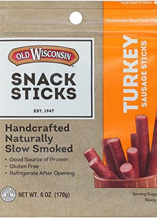 Old Wisconsin Turkey Sausage Snack Sticks, Naturally Smoked, Ready to Eat, High Protein, Low Carb, Keto, Gluten Free, 6 Ounce Resealable Package