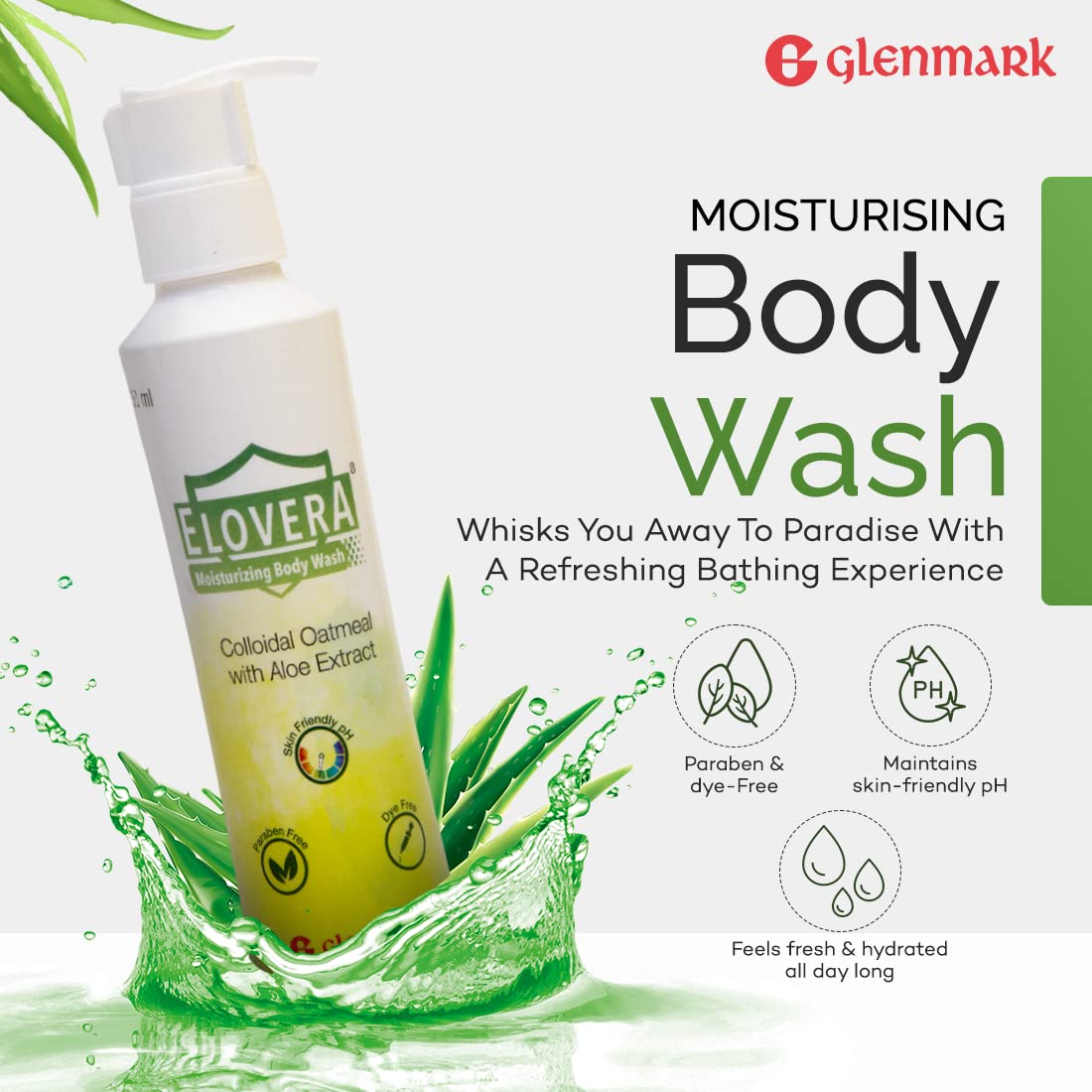 Elovera Body Wash Glenmark 150ml | Enriched with Aloe Vera & Vitamin E | Intense moisturising formula I Hydrates and makes the skin soft and healthy I Lightens skin blemishes I Non-Greasy